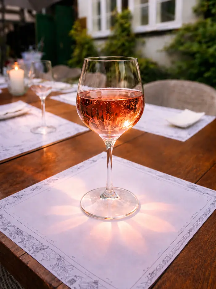 Glas Rosé bei Kerzenlicht auf einem Tisch im Innenhof am Abend