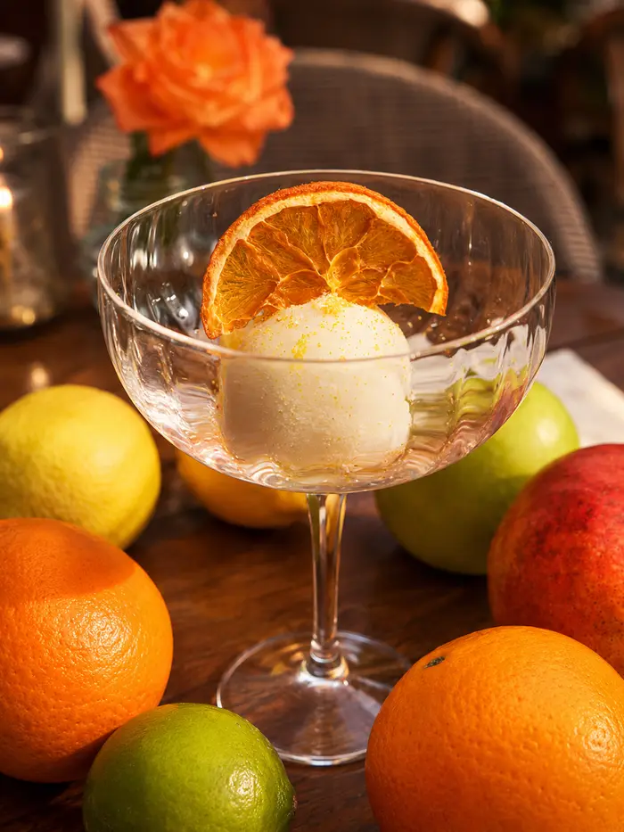 Sorbet mit getrockneter Orange und frischen Zitrusfrüchten